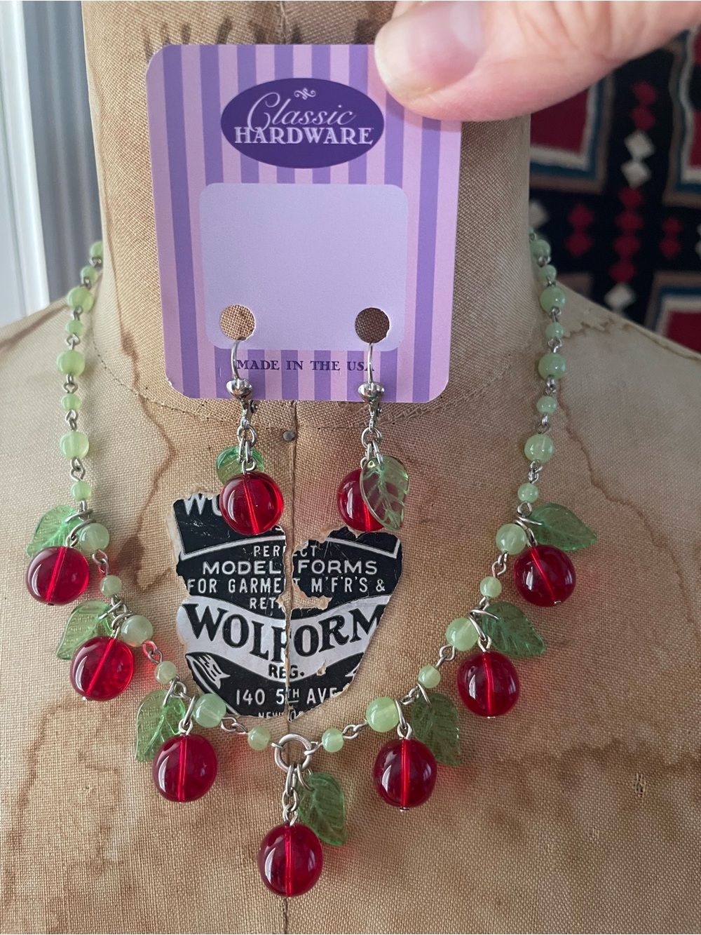 Classic Hardware Cherry Drop Necklace & Earring Set - Red and Green